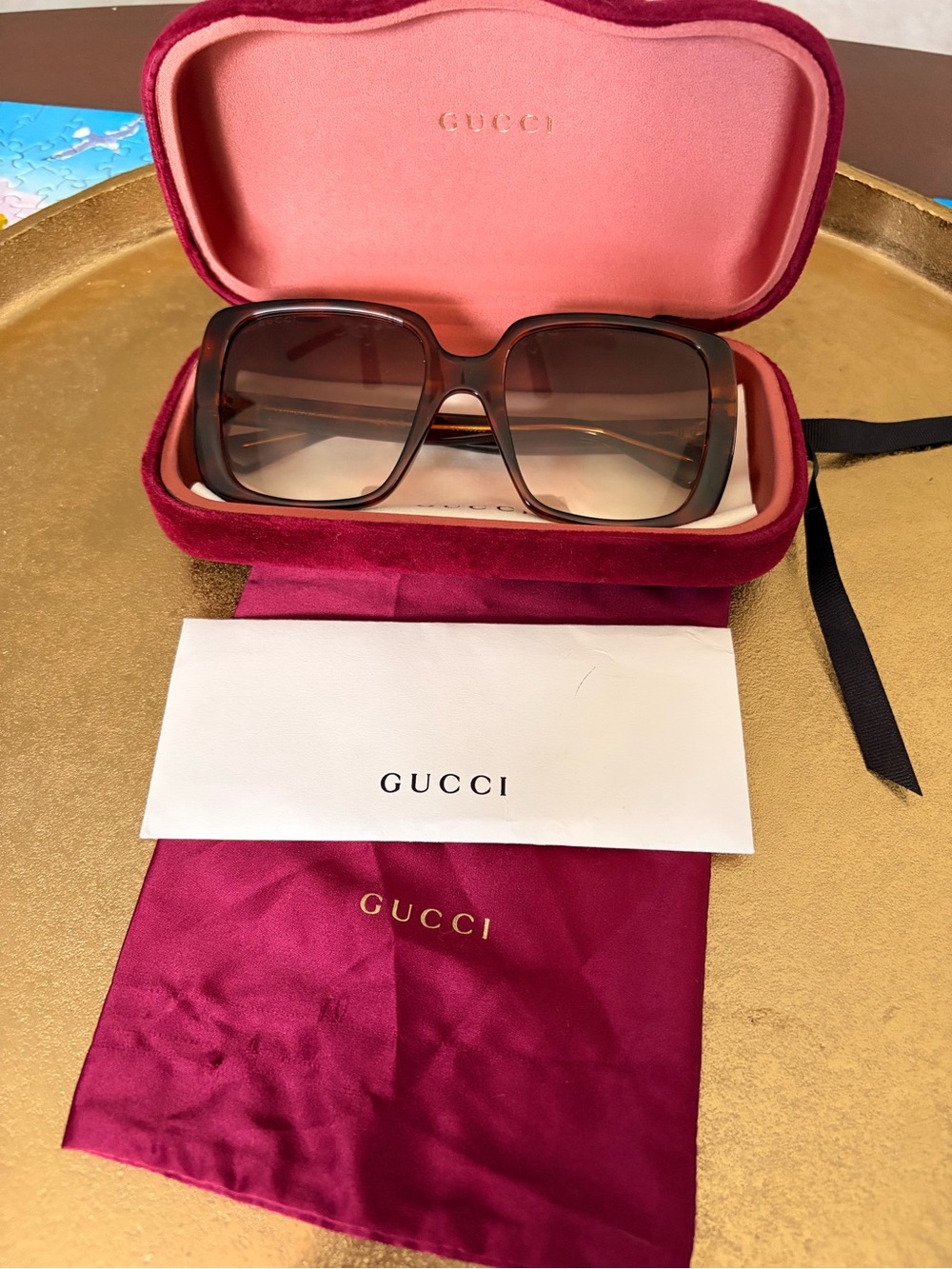 Gucci Black Square Sunglasses with Gold Logo Accents - Picture 3 of 10